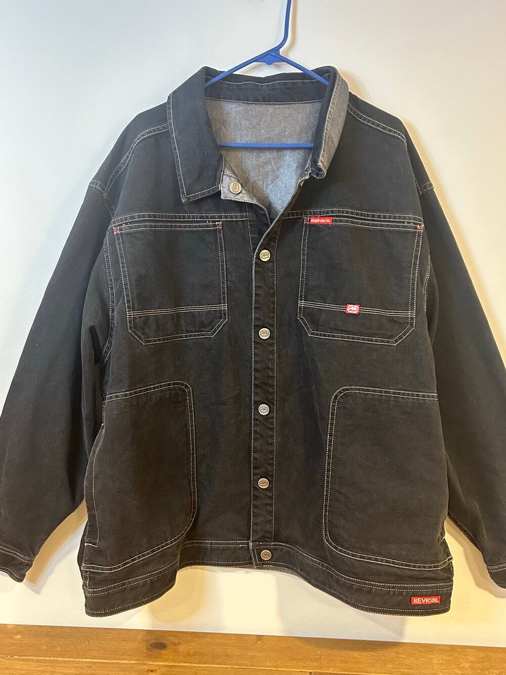 Ecko Unltd XXL Vintage Black Denim Multi-Pocket Workwear Reversible Contrast Sti